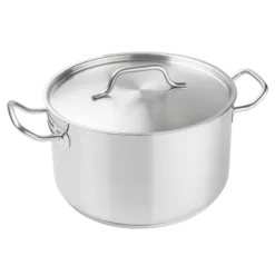 Cacerola alta de acero inoxidable con tapa. Apta para inducción.