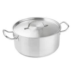 Cacerola baja de acero inoxidable con tapa. Apta para inducción.